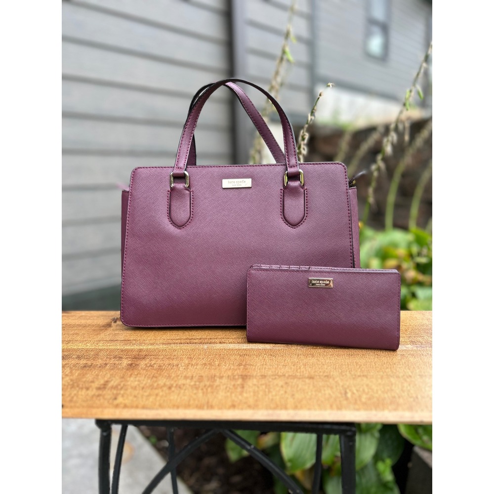 Kate Spade NY Laurel Way Reese Satchel + Matching Wallet Deep Plum Leather Set
